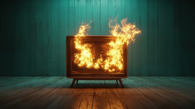 The image features a vintage television set engulfed in flames, creating a striking contrast against the teal wall, symbolizing chaos amidst nostalgia and memories.