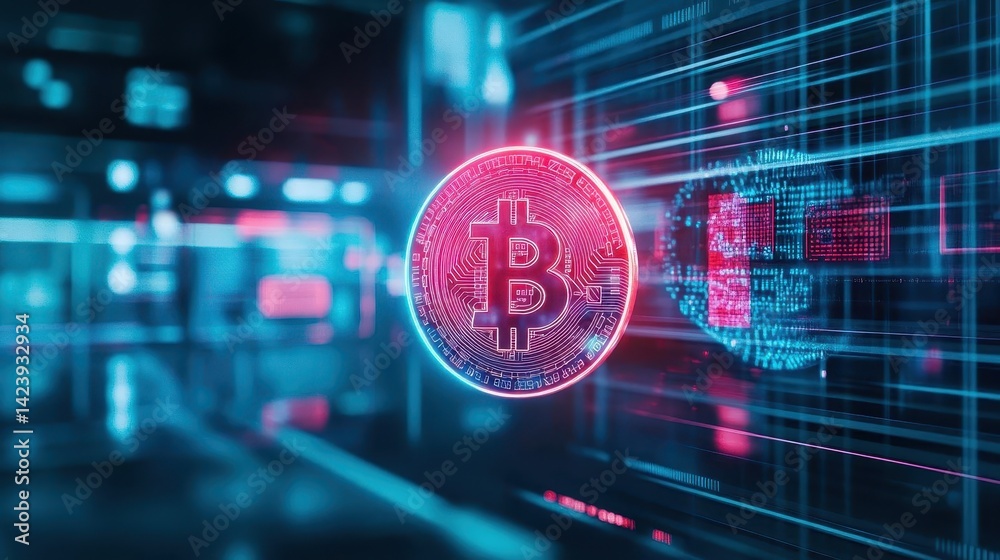 Poster digital representation of a cryptocurrency coin on a screen with abstract patterns and vibrant color