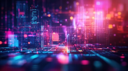 Naklejka premium Vibrant Nighttime Cityscape Illuminated by Colorful Neon Lights and Towering Buildings Creating a Dynamic Urban Atmosphere Full of Energy and Life