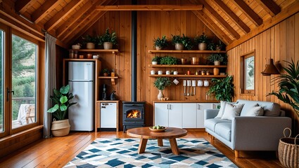 a rustic, cozy living room with a warm, inviting atmosphere. The room features a high, vaulted ceiling with exposed wooden beams and a large window wall on the left, allowing natural light to flood th