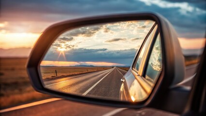 Fototapeta premium road trip adventure highway journey vibes Concept. A car's side mirror reflects a stunning sunset over an open road.