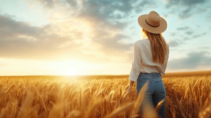 A captivating scene features a woman standing in a wheat field, observing the vibrant colors of the sunset, reflecting on life's beauty and simplicity in nature.