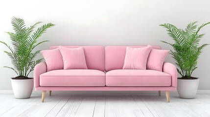 A pink sofa and plants are in a living room setting