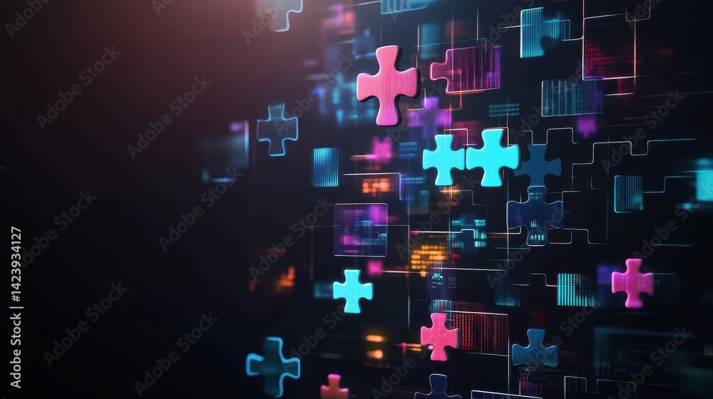 Poster a solitary puzzle piece resting in a shadowy environment symbolizing mystery and complexity with int