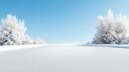 Obraz premium A serene winter landscape featuring snow-covered ground and frosted trees under a clear blue sky.