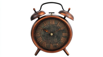 Classic vintage alarm clock with a retro design. This timepiece features Roman numerals and an antique finish. Perfect for home decor or gift ideas. Generative AI