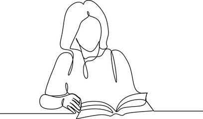 Woman reading a book, continuous line art drawing. 