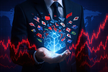 A businessman demonstrates strategic decision-making by holding a glowing digital cube symbolizing innovation while trade flags represent global market dynamics within a financial context