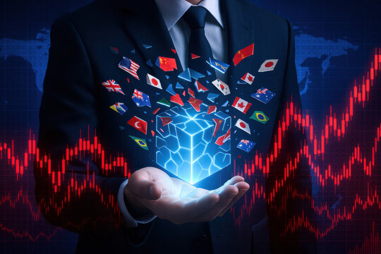A businessman demonstrates strategic decision-making by holding a glowing digital cube symbolizing innovation while trade flags represent global market dynamics within a financial context
