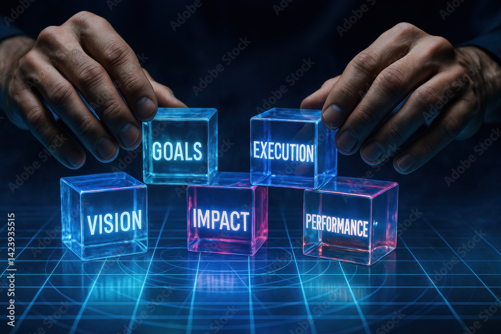 Poster skilled hands arrange glowing blocks symbolizing vision goals execution impact and performance as co