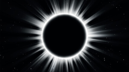 Abstract fantasy background. Amazing scientific natural phenomenon. Total solar eclipse with bright ring effect glowing with rays. Solar corona is visible. Vector illustration.