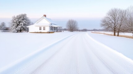 Snowy rural landscape with a farmhouse