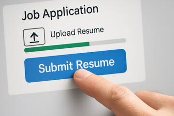 A close-up a hand initiating an online job application by submitting a resume symbolizing strategic decision-making in business growth and efficiency