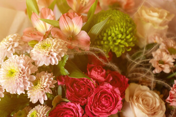 Beautiful multicolored flowers bouquet. Sunlight.