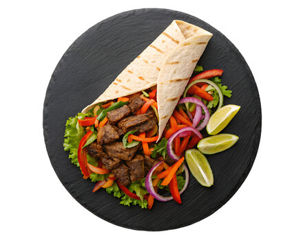Top view Shawarma dish on dark platter, viewed from top, white transparent background perfect for recipe thumbnails, delivery app visuals, or branding