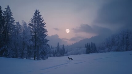 A solitary dog walks across a snowy winter landscape under the moon