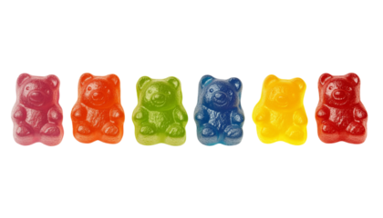 A set of five gummy bear candies in different colors on Png Format and Transparent Background