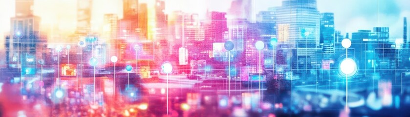 Fototapeta premium Vibrant Cityscape under a Bright Blue Sky with Striking Yellow Hues Creating a Dynamic Urban Atmosphere and Captivating Colorful Visual Experience