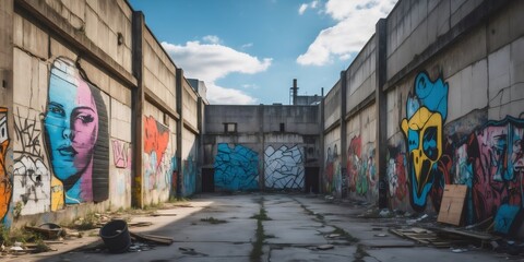 Fototapeta premium Urban decay with graffiti art on cracked concrete walls in a deserted industrial area