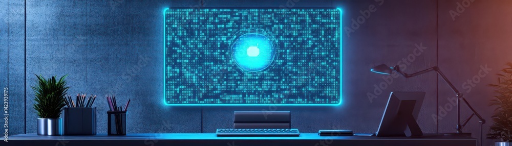 Poster a modern desktop setup featuring a sleek computer with an illuminating green light creating a futuri