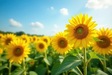 Fototapeta premium Sunflowers ablaze in summer field Golden blooms, blue sky , blue, background, texture
