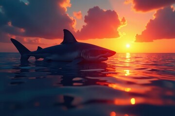 Fototapeta premium Silhouetted shark against vibrant sunset ocean , fish, nature, sky