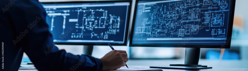  focused man engaged in multitasking on dual computer screens in a modern workspace creating a produc