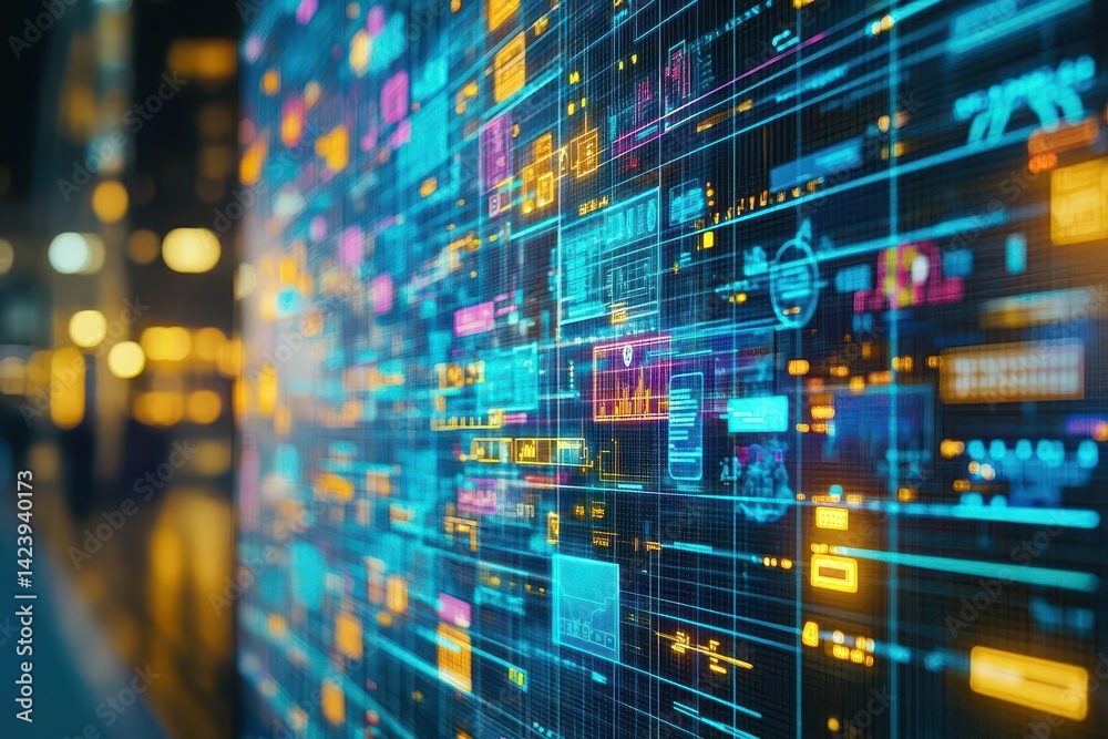 Poster Vibrant Wall of Digital Information Displaying Dynamic Data Streams and Colorful Graphics Creating a Modern Technological Atmosphere and Engaging Visuals