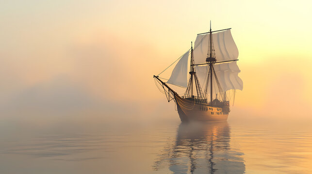 Here is the image generated based on the sentence and tags you provided the image can be named: ship in foggy sea. Fogbound Drift. Illustration