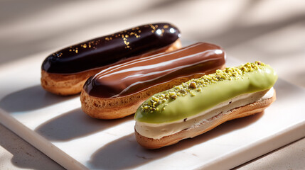 大理石プレートに並んだ贅沢ショコラエクレア | 窓からの柔らかな光