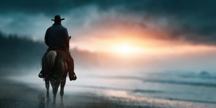 Cowboy riding horse along the beach at sunset with dramatic clouds and ocean waves on the shore