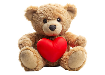 Fototapeta premium Teddy Bear with Heart: A cute teddy bear cuddles a vibrant red heart, embodying warmth and affection. Perfect for conveying love and sentimental value.