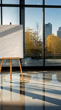 Blank canvas on easel, modern building view, morning light