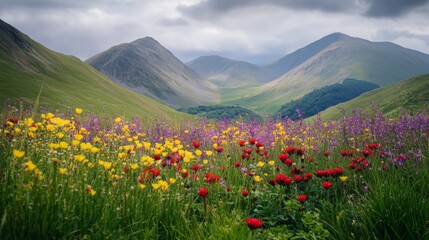 Obraz premium A vibrant landscape of wildflowers in full bloom. The lush green hills cradle the valleys below. Majestic mountains rise in the distance. Generative AI