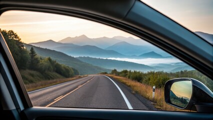 road trip adventure scenic route weekend getaway Concept. Scenic view of mountains through a car window at sunrise.