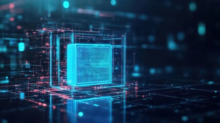 Futuristic Computer Screen Glowing with Bright Blue Light in a Modern Workspace Setting Evoking a Sense of Technology Innovation and Creativity