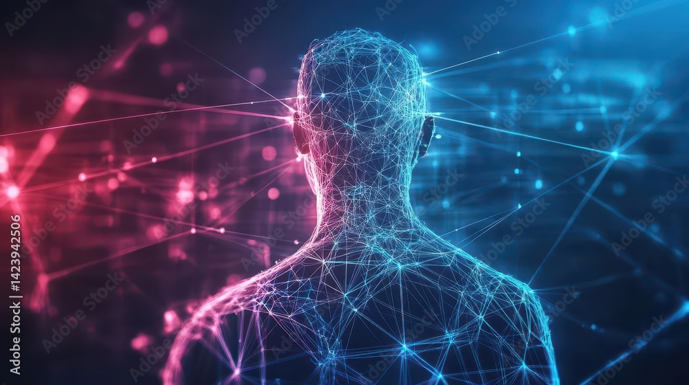 Poster intricate visualization of a human head with a complex network of lines and dots symbolizing connect