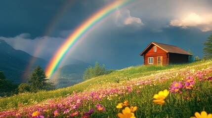 Obraz premium Rainbow over Cabin in Flower Field