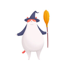 Obraz premium Cute Cat Character Wearing Wizard Hat and Holding a Broom