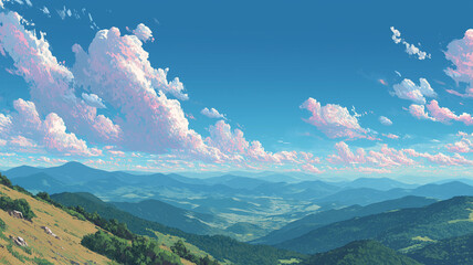 Fototapeta premium 雄大な積雲と空のグラデーションが描く夏の自然風景・山・青空・森林・空と山の境界線・風景画・遠くまで見渡す大自然