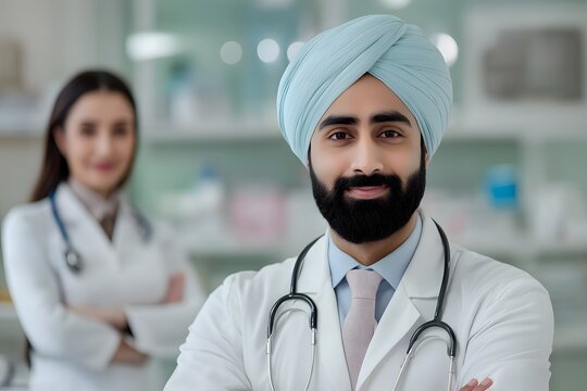Biracial Sikh doctor portrait.