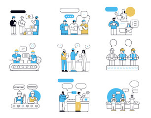 manufacturing operators communicating discussing information set illustrated scenarios speech bubbles indicating conversations, control Quality Inspection Process Production