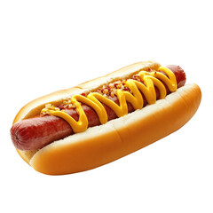 Savory hot dog in a bun, topped with mustard