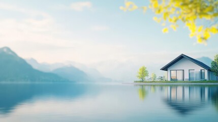 Fototapeta premium Charming House Nestled by Tranquil Lake Surrounded by Majestic Mountains Creating a Picturesque Scenic View in a Peaceful Natural Environment