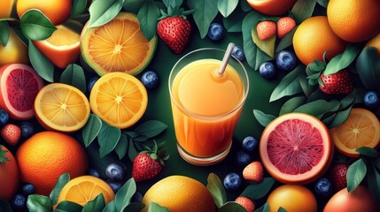 Fresh fruit juice with citrus and berries; healthy lifestyle; bright colors; vibrant; food photography; top view; promotional image; appetizing display