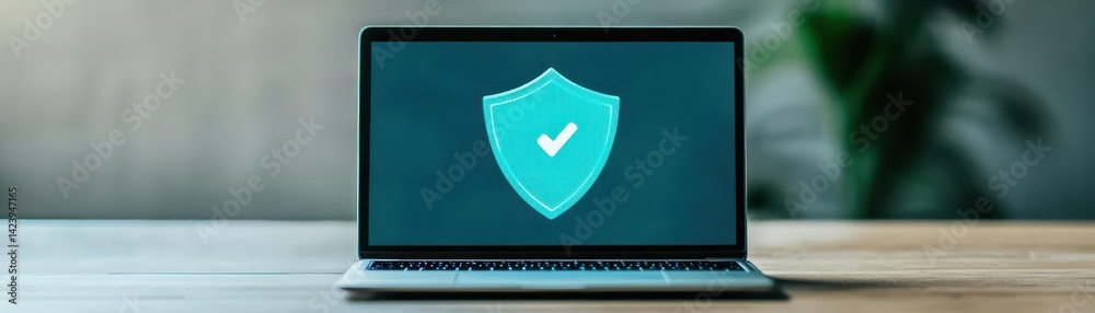 Poster a laptop displaying a protective shield symbol on its screen emphasizing cybersecurity and digital s