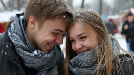 Fototapeta premium Young couple sharing a joyful and intimate moment outdoors in snowy winter weather