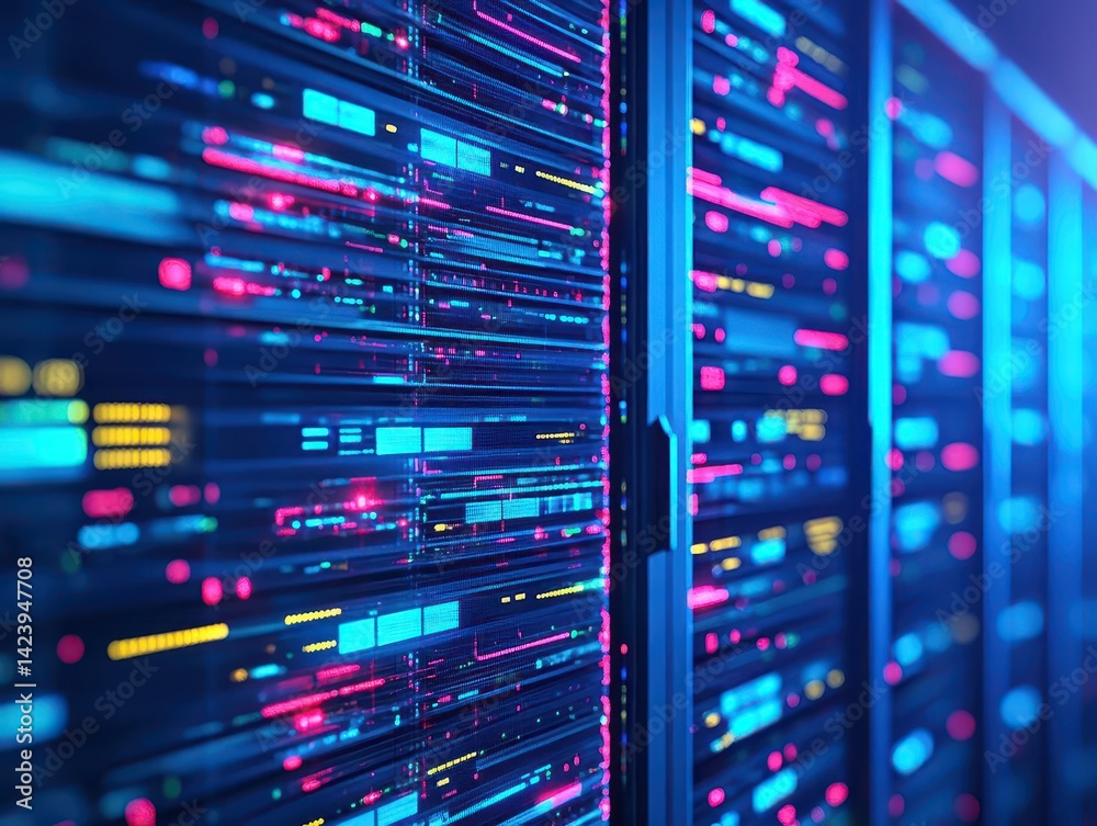 Poster a modern data center with a row of high-tech servers illuminated by soft blue lighting creating a fu