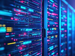 Naklejka premium A Modern Data Center with a Row of High-Tech Servers Illuminated by Soft Blue Lighting Creating a Futuristic and Efficient Computing Environment