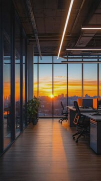 Sunset Office View: Modern office interior with large windows showcasing a breathtaking sunset over the cityscape. The warm glow of the setting sun illuminates the sleek workspace.